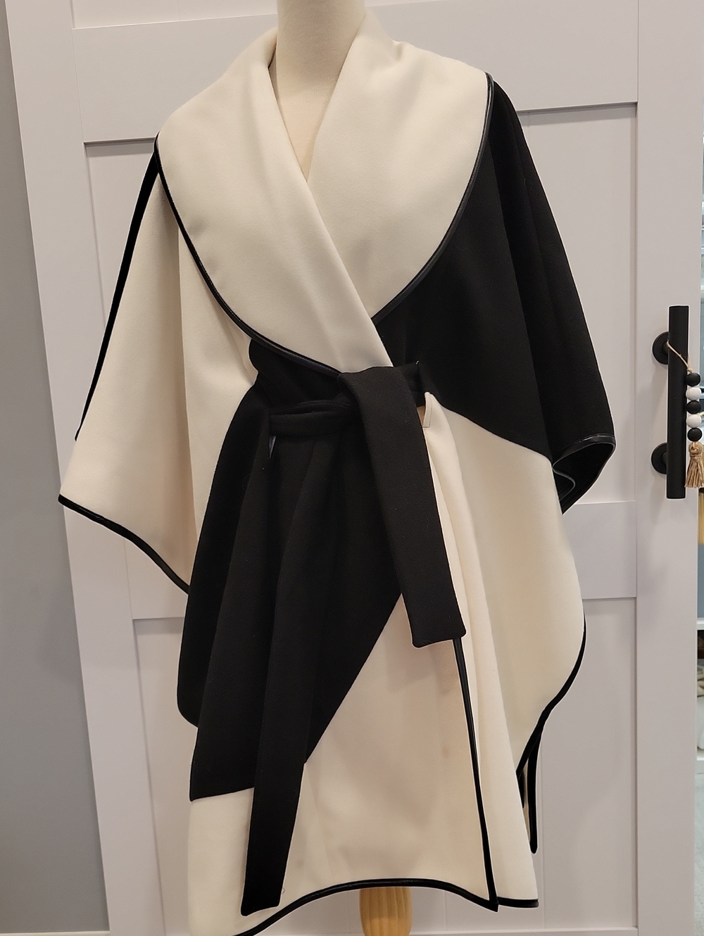Black and Cream Wrap Coat with Belt